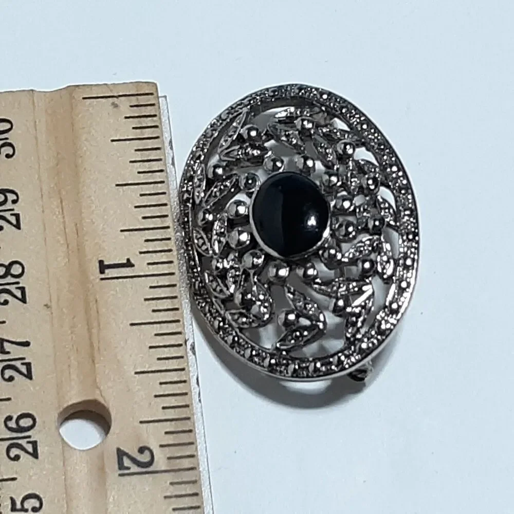 Textured Silver Tone Black Cabochon Openwork Oval Brooch Scarf Lapel Pin Jewelry